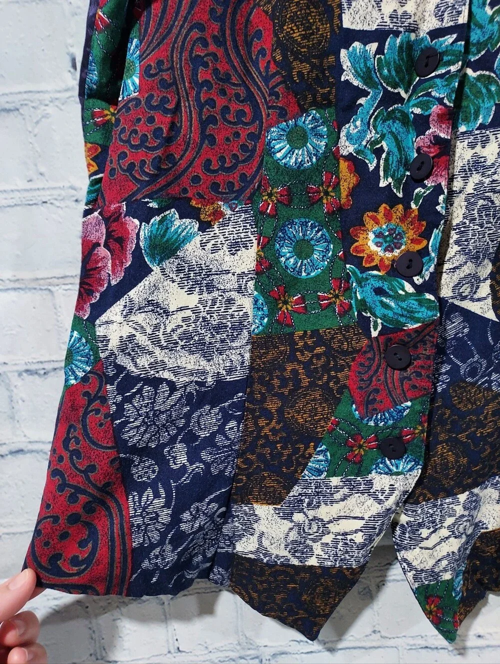 Vintage Women's Vest S Patchwork Funky 90's Teacher Academia Satin Back Folk Art